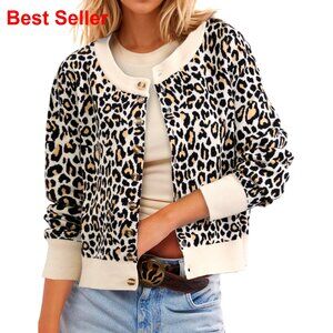 Cropped Leopard Print Cardigan, Button Front, Long Sleeve, Knit Material